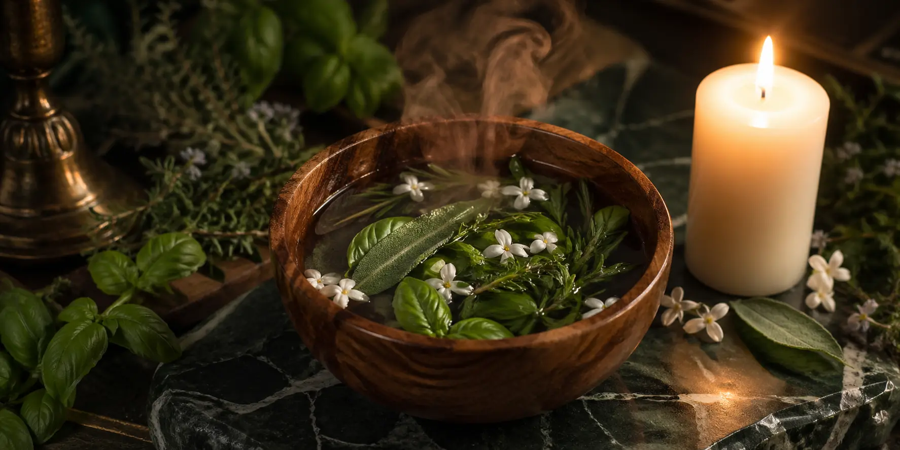 Bowl de madeira com ervas frescas e vapor
