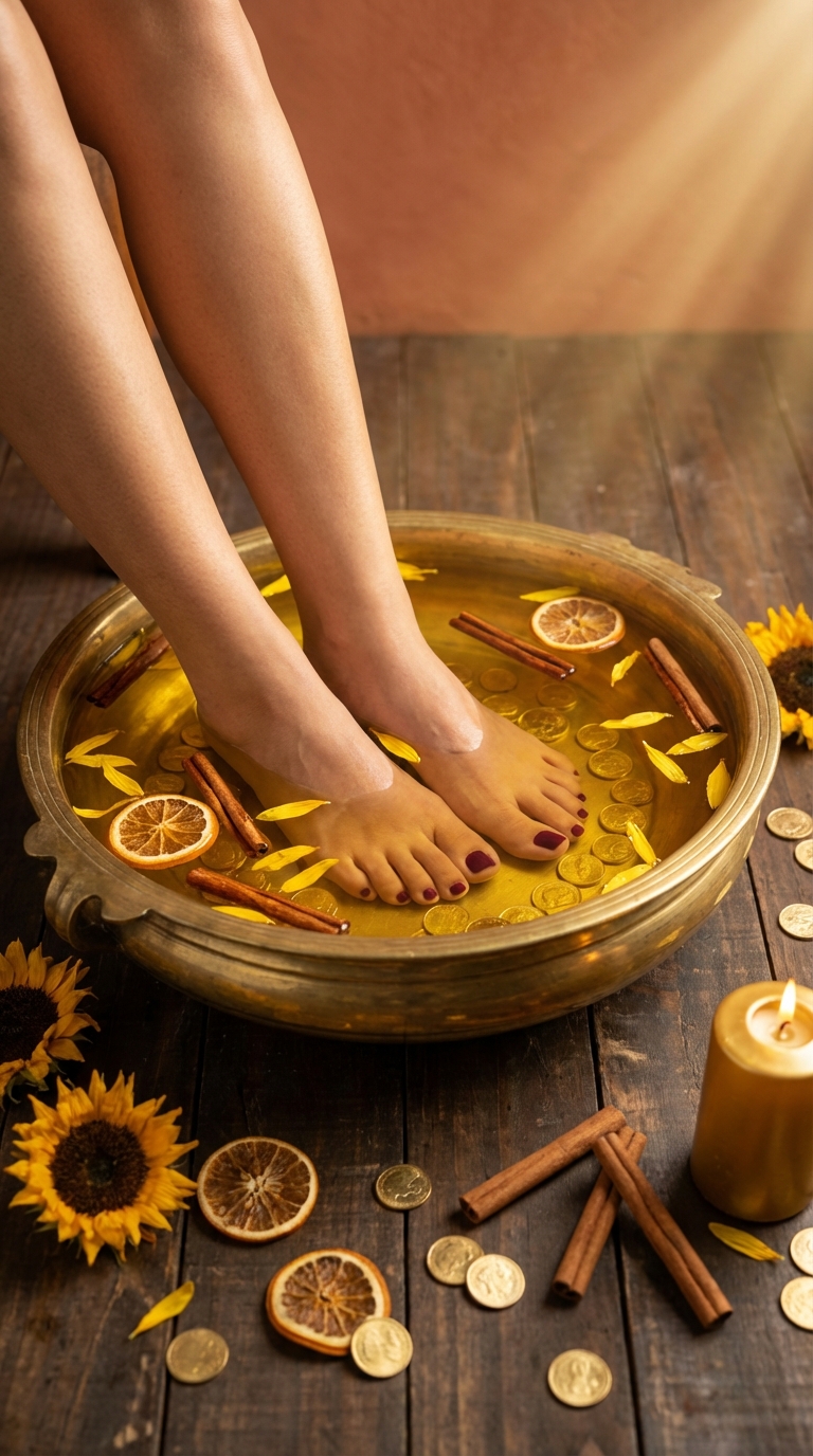 Bacia com água, ervas e velas para escalda-pés