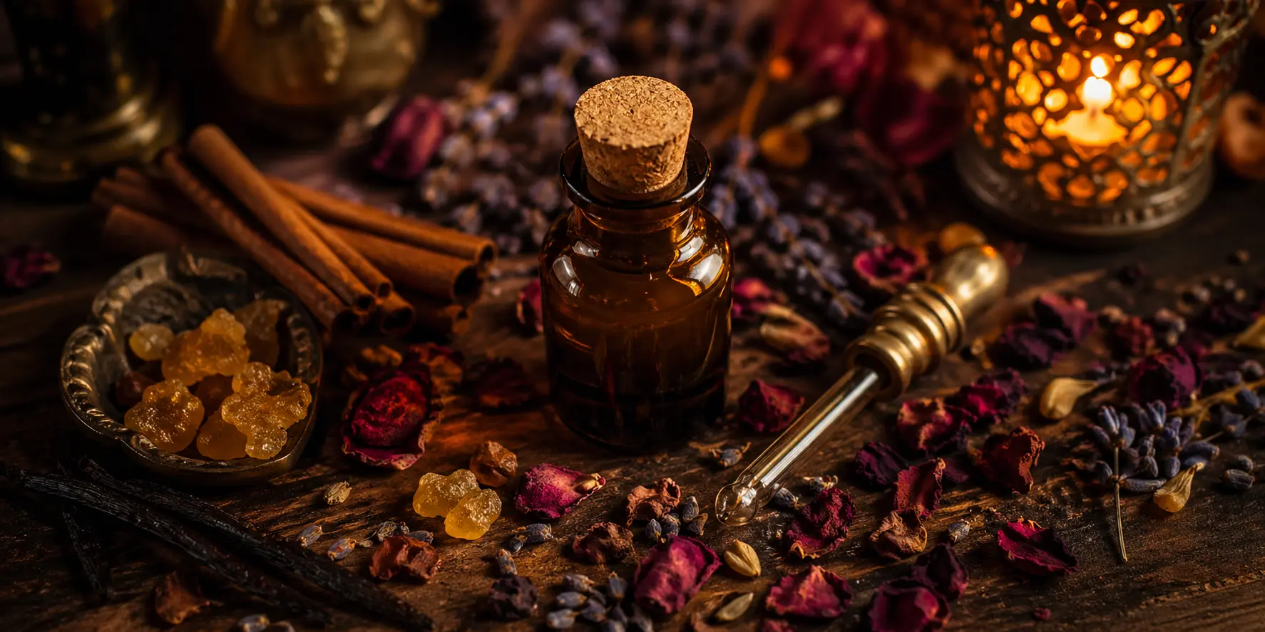 Frasco âmbar com canela, rosas secas e ervas